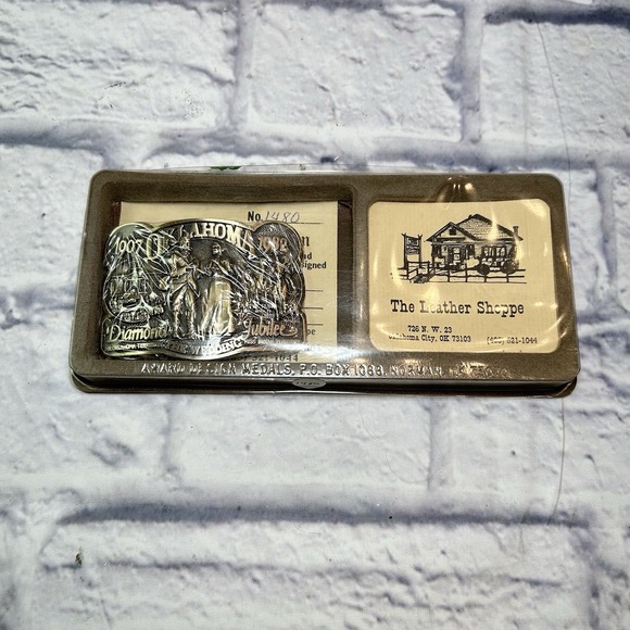 1982 Oklahoma Diamond Jubilee The Wedding Belt Buckle Lot Of‎ 2 Leather Shoppe